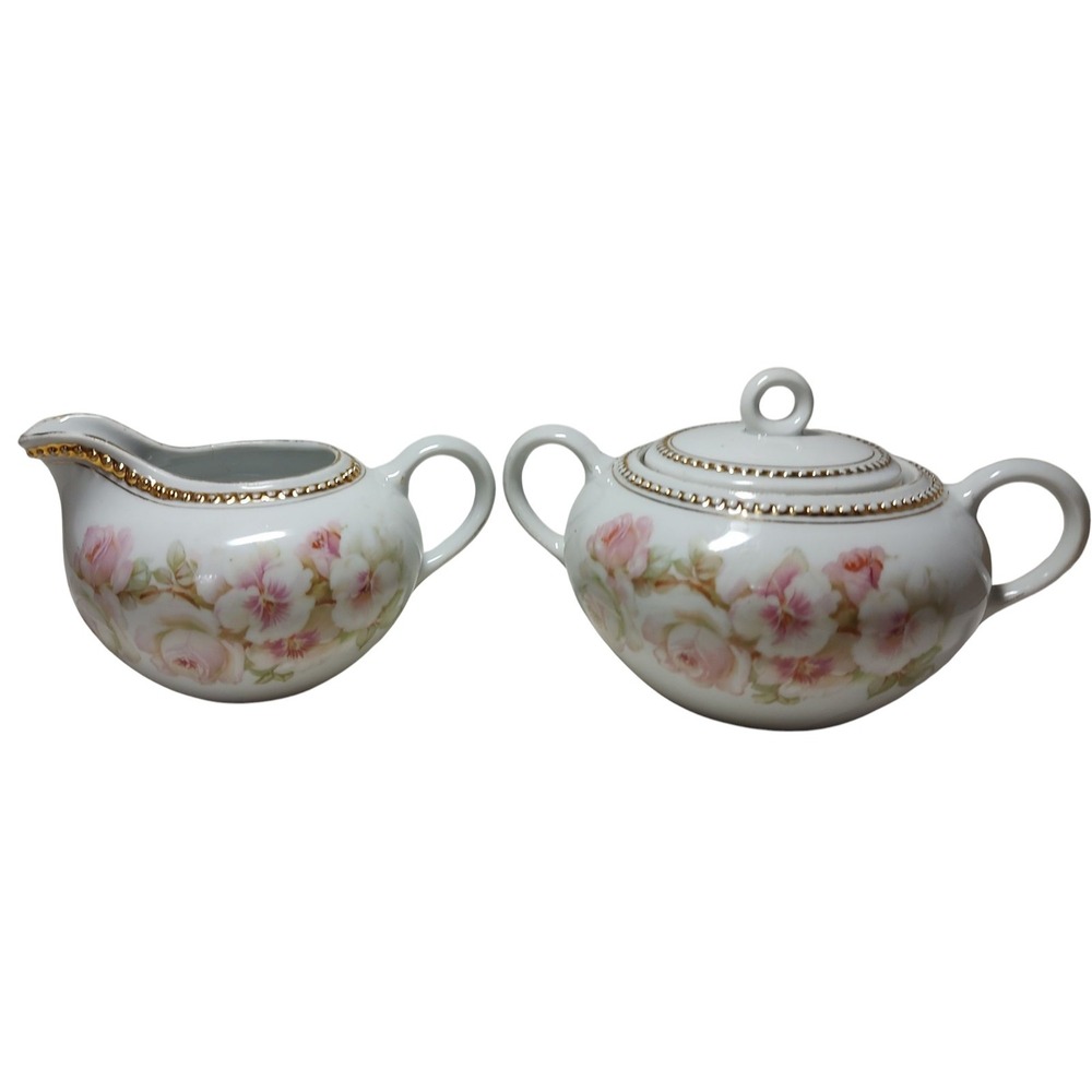 Antique PK Silesia Creamer and Covered Sugar Bowl Floral Rose Gold Trim Poland‎